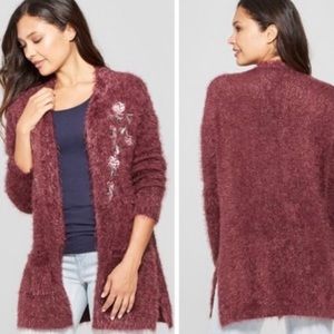 Knox Rose Eyelash Floral Embroidered Cardigan Wine
